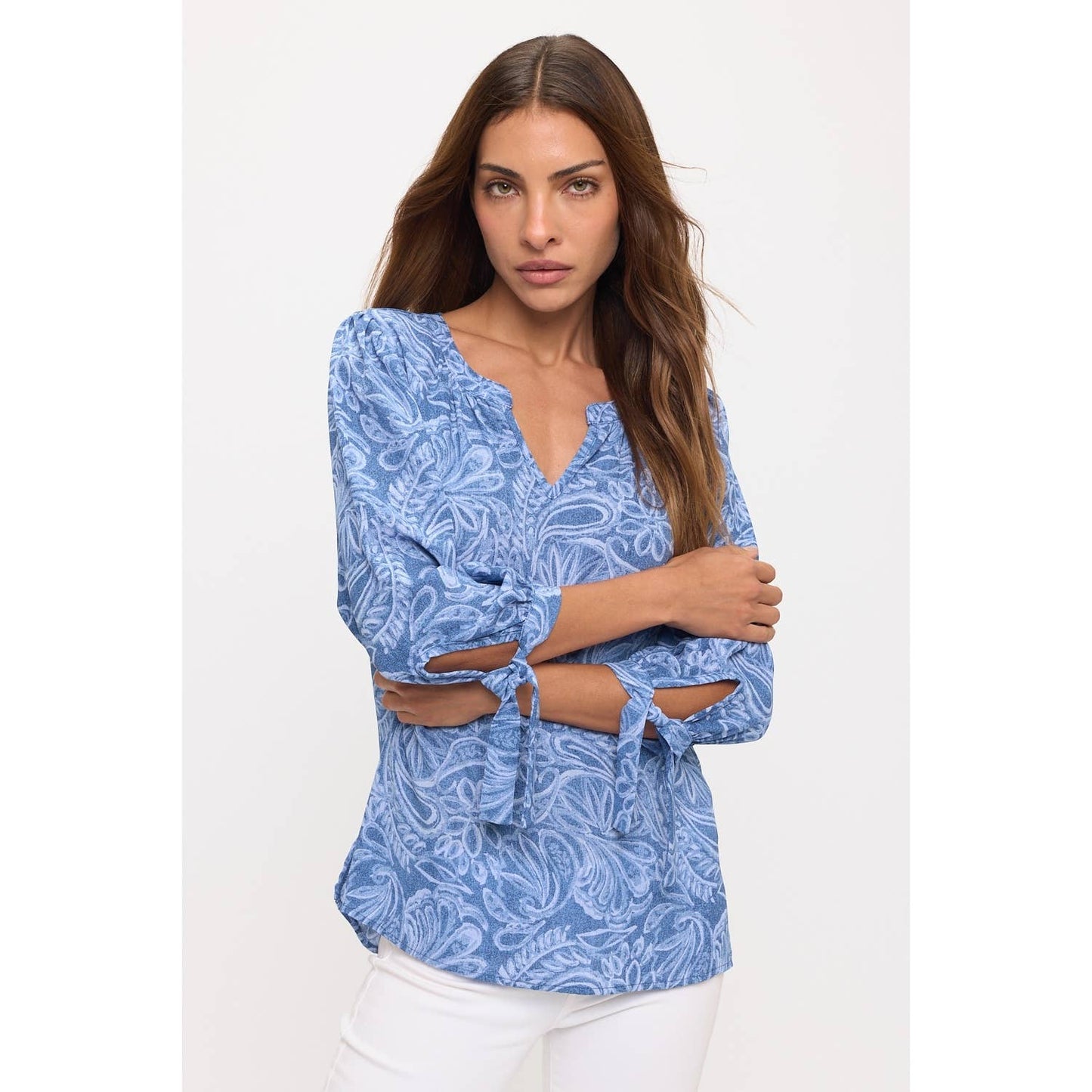 V Neck Print Oversized Shirt with Tie Sleeves