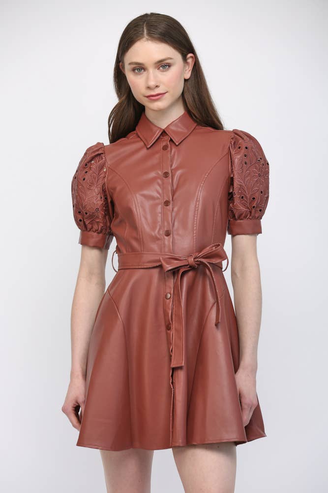 Faux Leather Embroidered Sleeve Dress