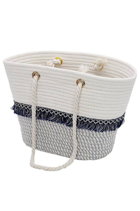 Two Tone Fray Trim Thick Braided Boat Beach Tote