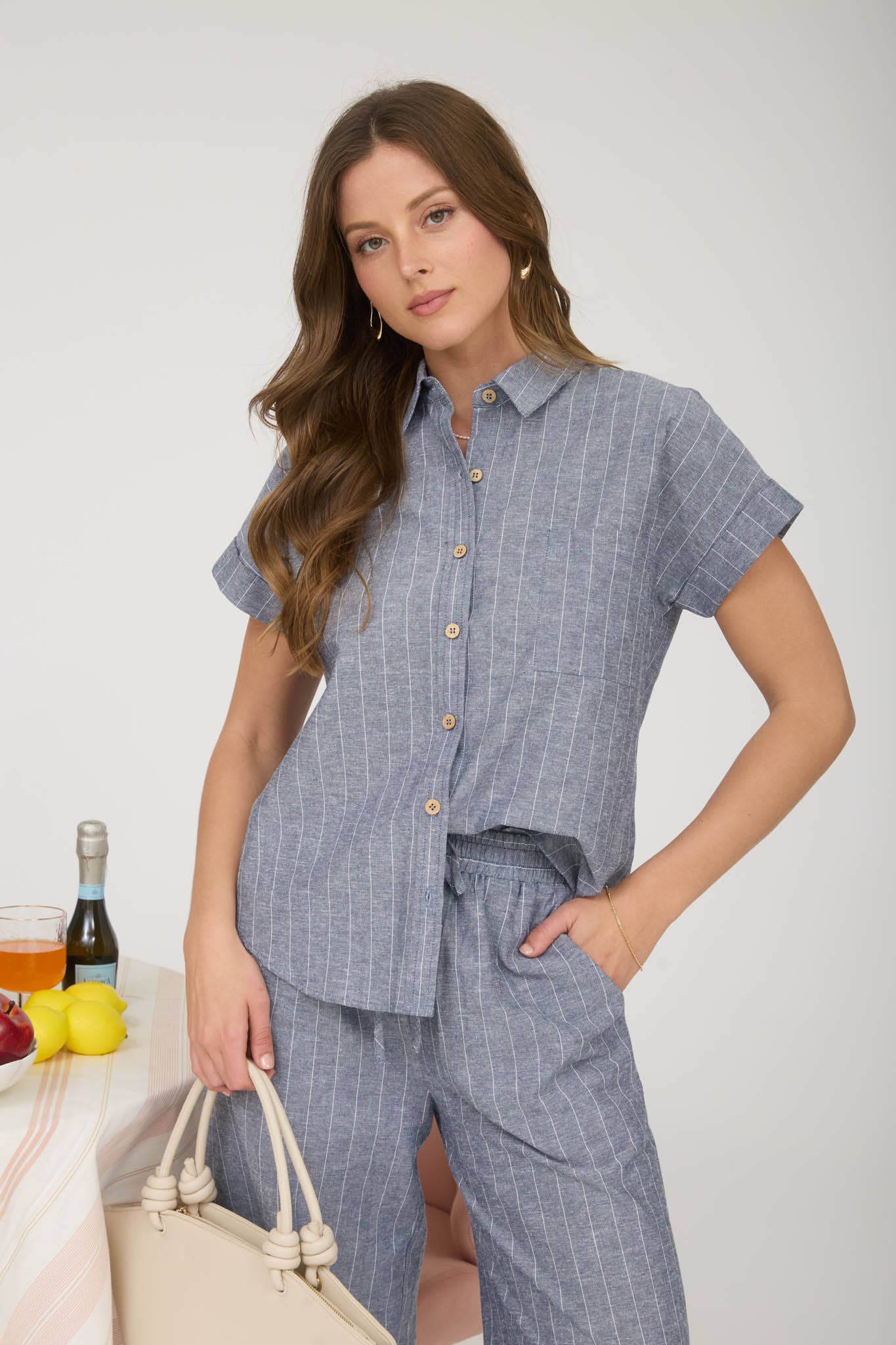 Blu Pepper Striped Linen Collared Short Sleeve Shirt