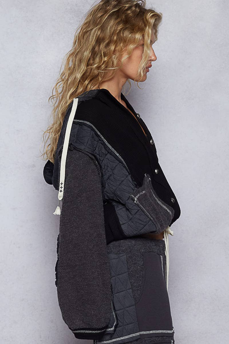 Pol Cut Sew Multi Fabric Quilted Thermal Hoodie Jacket