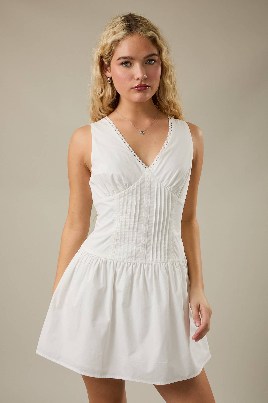 V-Neckline Poplin Mini Dress White Trim Detail