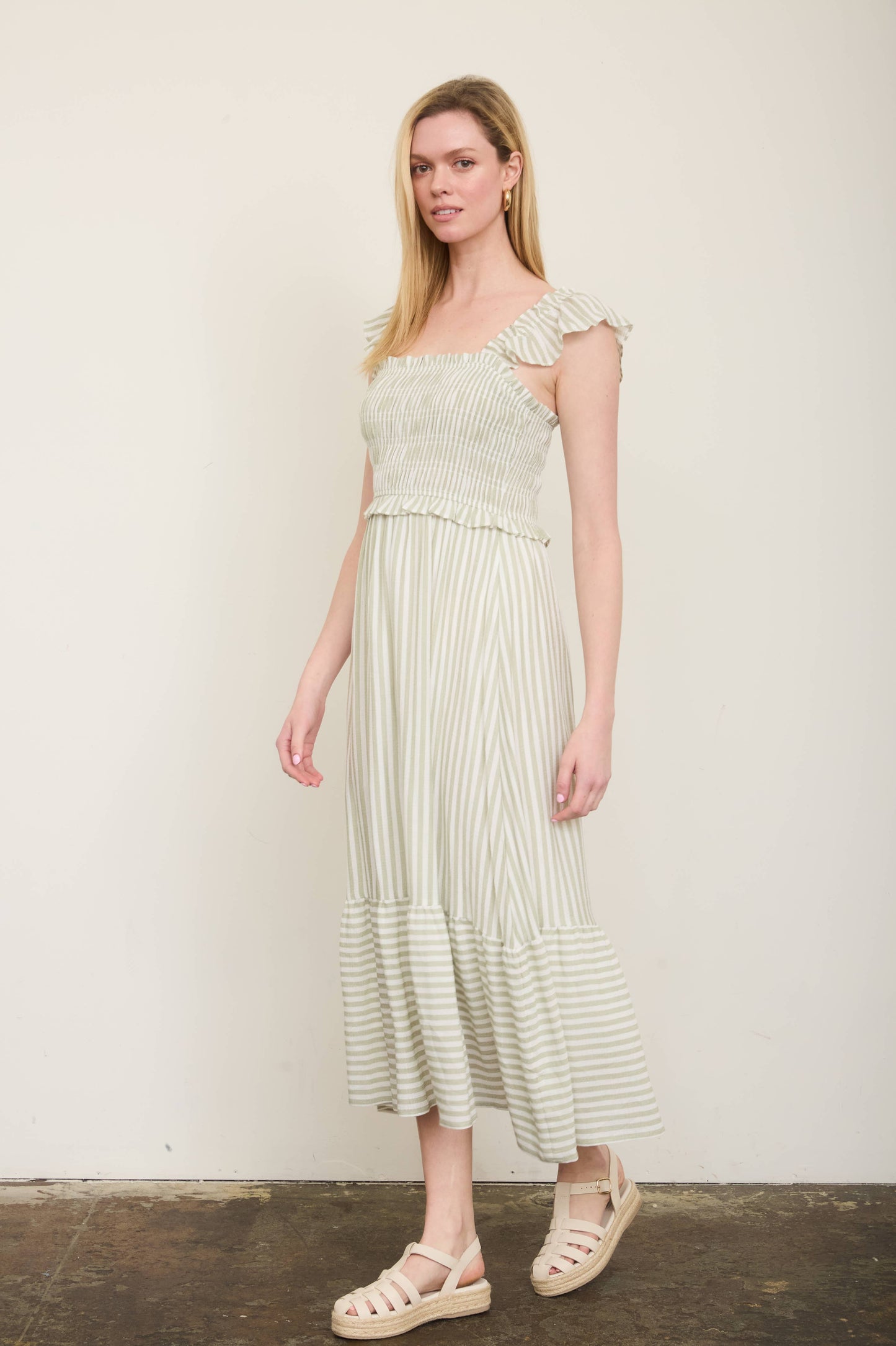 Blu Pepper Striped Smocked Ruffle Trim Midi Dress