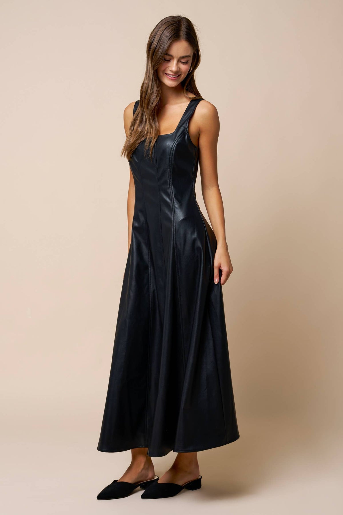 Faux Leather Sleeveless Flowy Maxi Dress