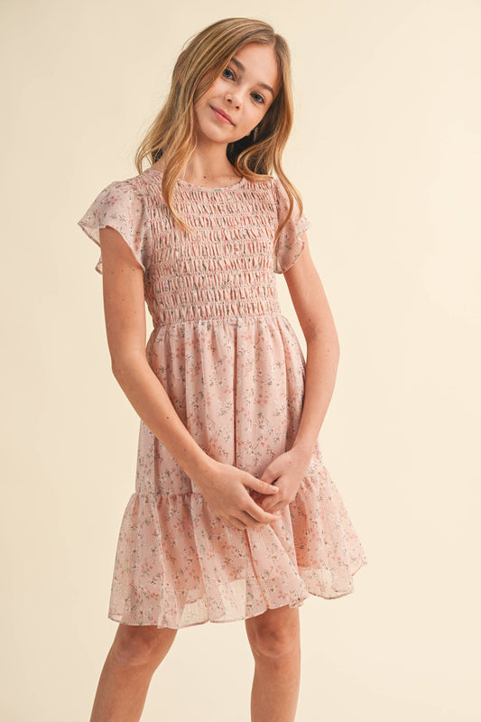 TWEEN GIRLS SMOCKED FLOUNCE DRESS (7-12)
