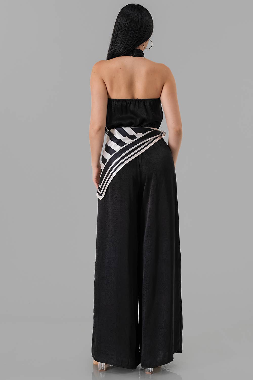 Satin Halter Neck Wide-Leg Jumpsuit with Scarf Detail
