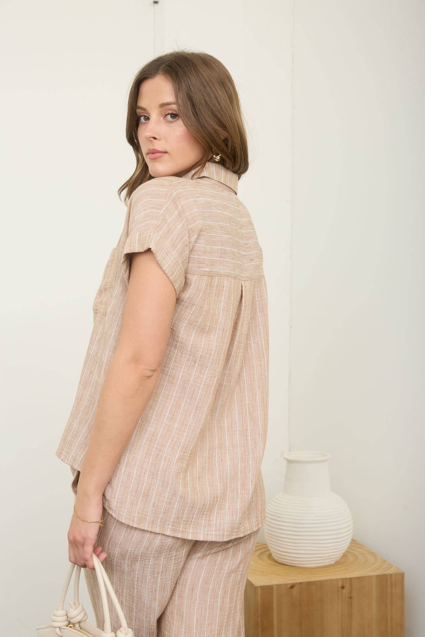 Blu Pepper Striped Linen Collared Short Sleeve Shirt