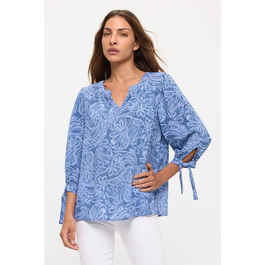 V Neck Print Oversized Shirt with Tie Sleeves