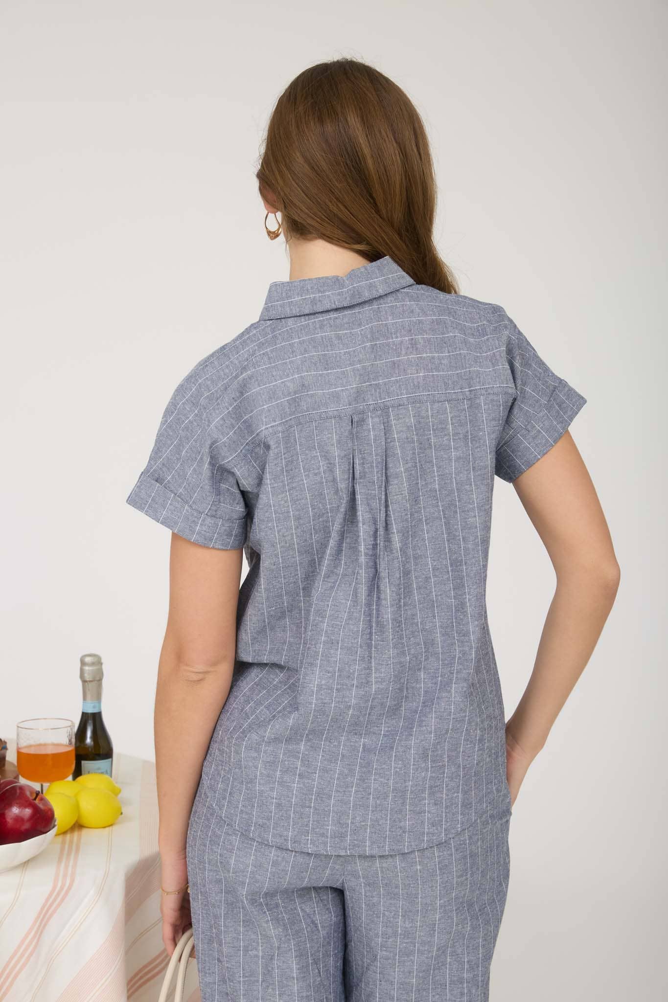 Blu Pepper Striped Linen Collared Short Sleeve Shirt