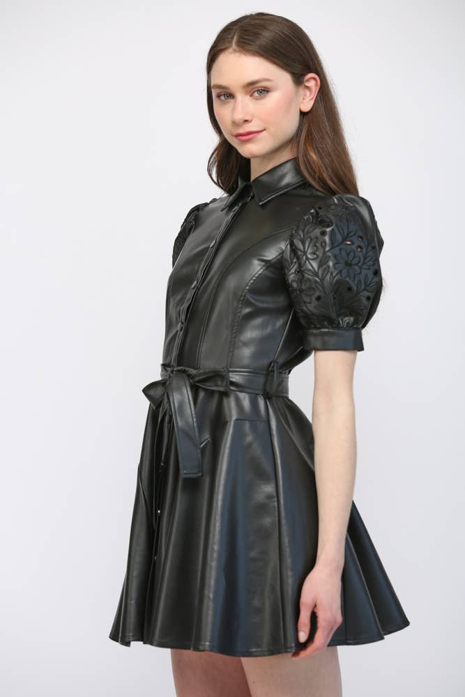 Faux Leather Embroidered Sleeve Dress