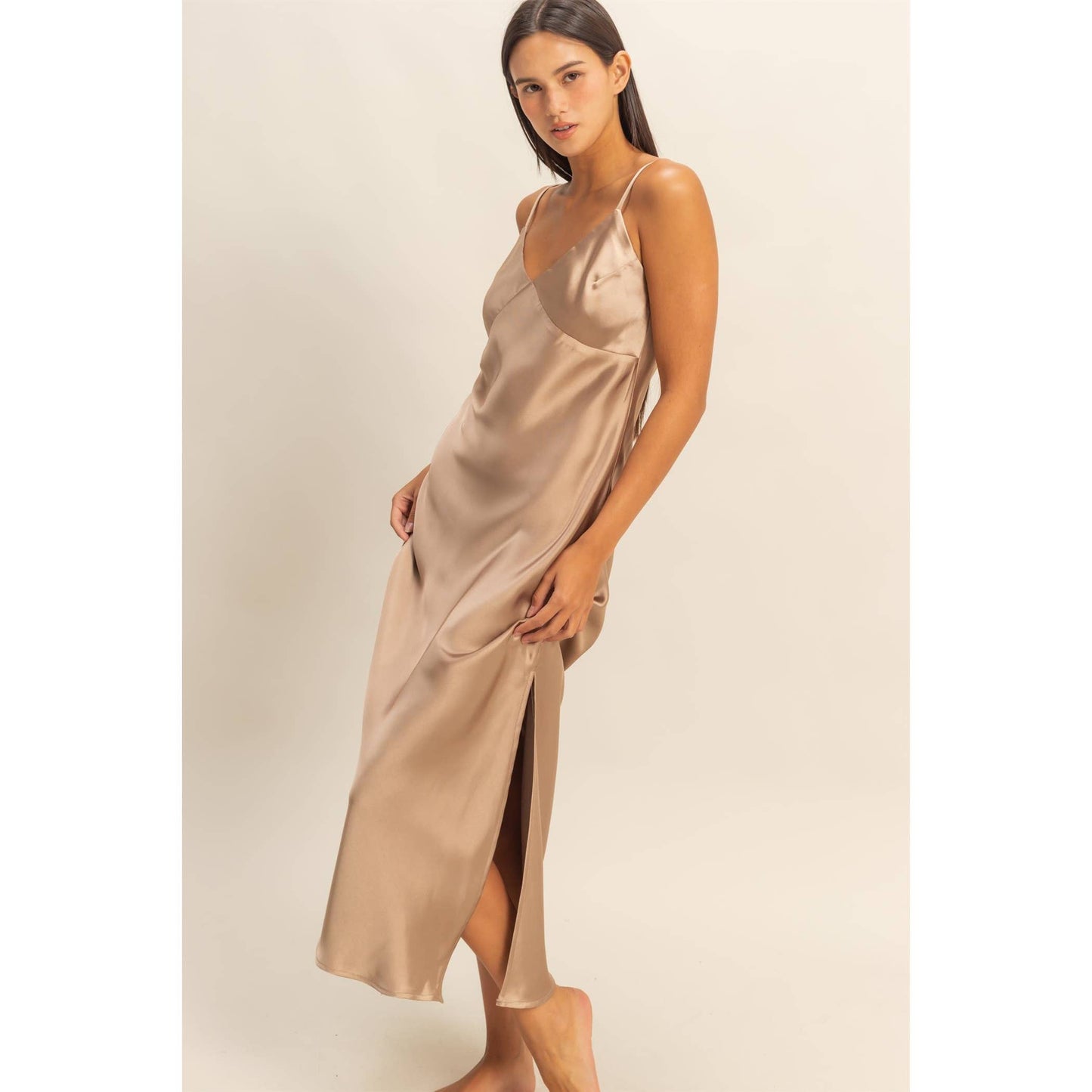 Satin Midi Dress with A Side Slit Small / Dark Taupe Satin Midi Dress with A Side Slit Small / Dark Taupe