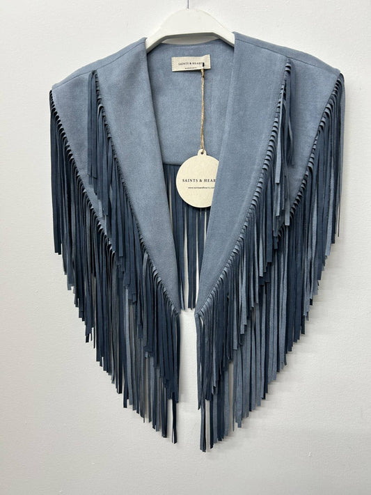 DENIM BLUE WESTERN FRINGE SUEDE COLLAR / SHRUG