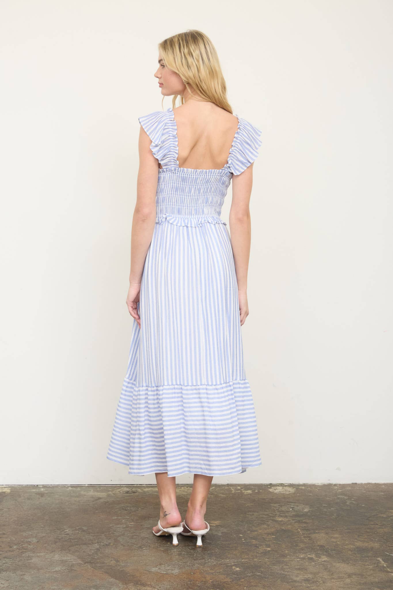 blu pepper dress Stripe Smocked Ruffle Trim Midi Dress Blue / Large