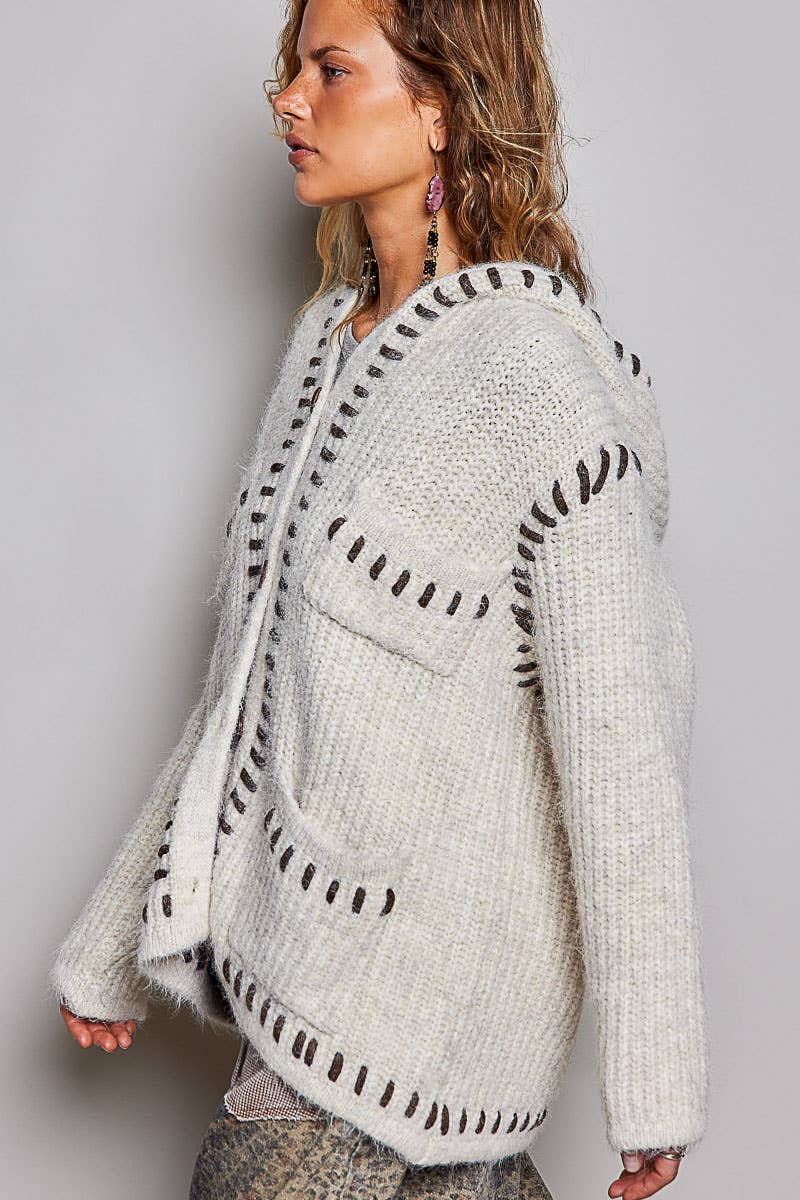 Pol Hooded Button Front Contrast Stitch Pocket Cardigan