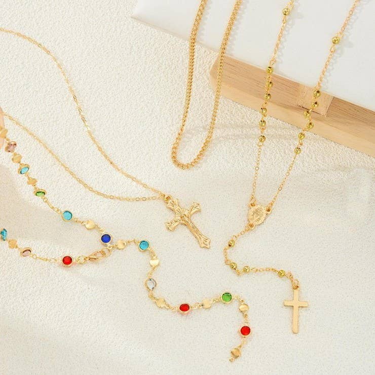 BOHO Y MULTI STONE CROSS LARIAT LAYER NECKLACE