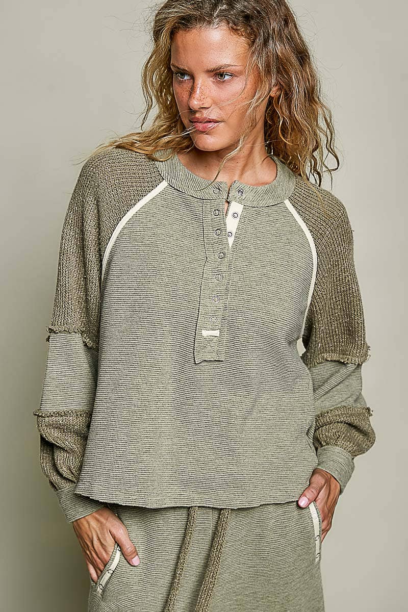 Pol Clothing Solid Thermal Cut and Sew Knit Sweater Patch Top