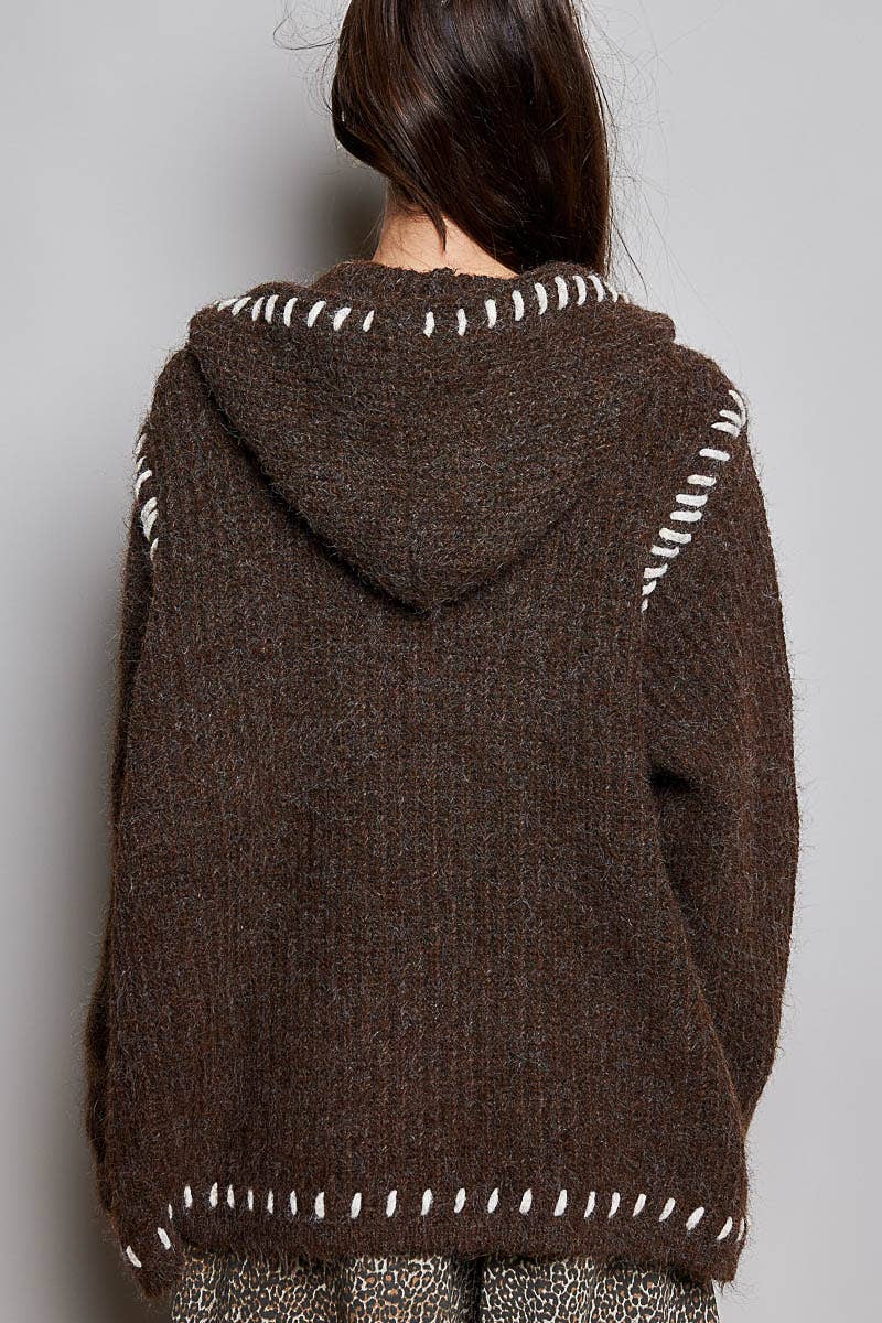 Pol Hooded Button Front Contrast Stitch Pocket Cardigan