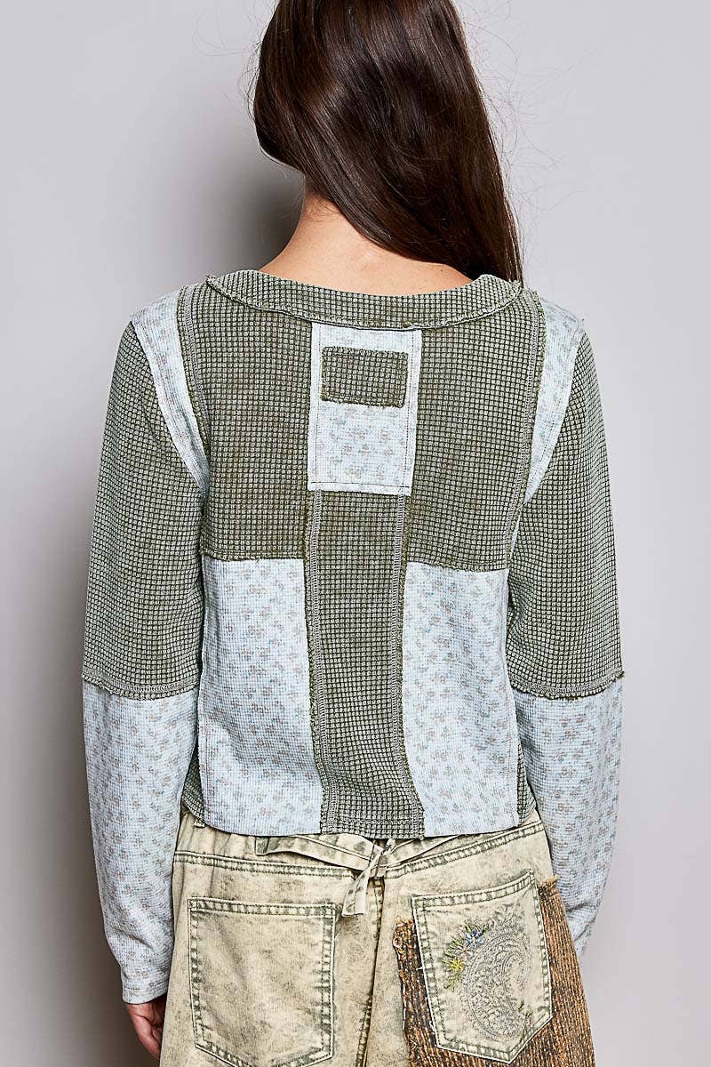 Pol Clothing Waffle Knit Contrast Patchwork Top