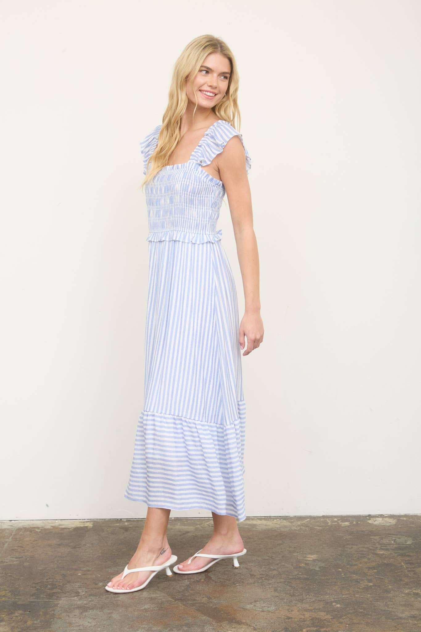 Blu Pepper Striped Smocked Ruffle Trim Midi Dress