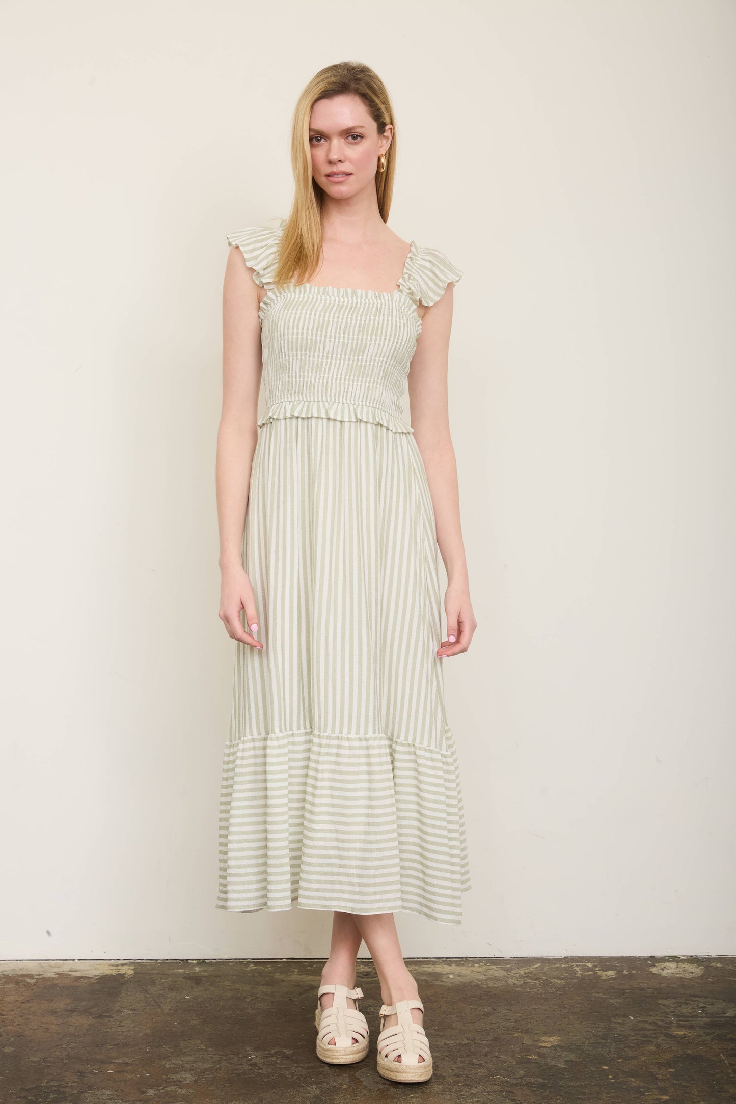 Blu Pepper Striped Smocked Ruffle Trim Midi Dress