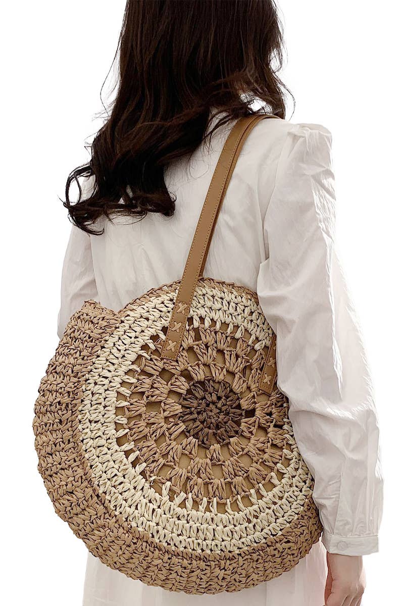 Boho Circle Crochet Rattan Straw Round Beach Tote