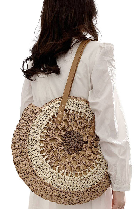 Boho Circle Crochet Rattan Straw Round Beach Tote