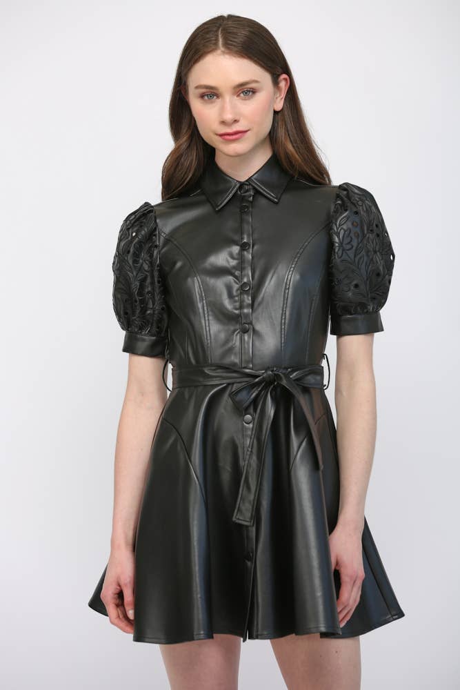 Faux Leather Embroidered Sleeve Dress