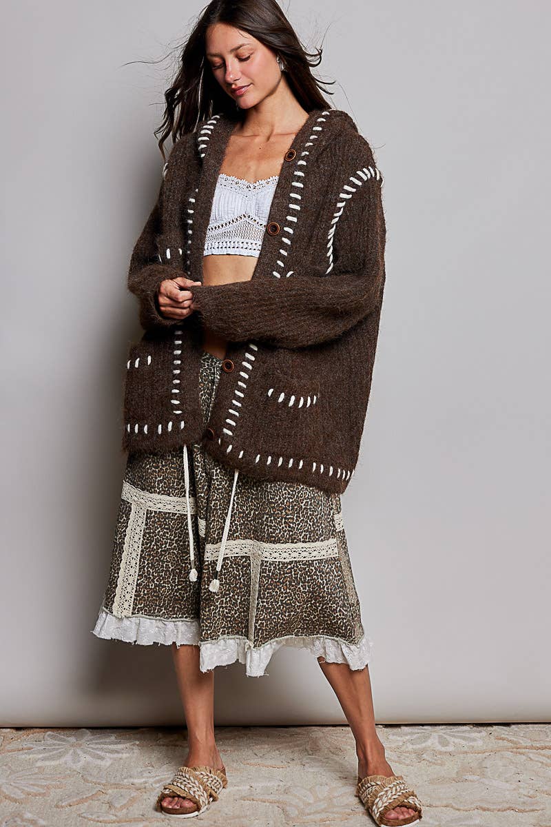 Pol Hooded Button Front Contrast Stitch Pocket Cardigan
