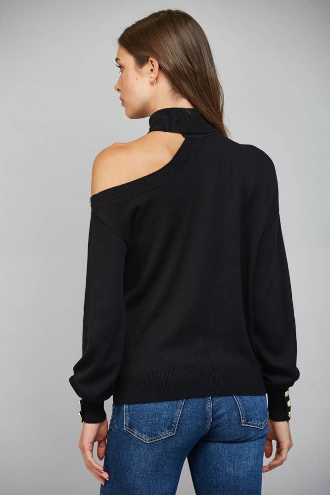 Asymmetrical One-Shoulder With Gold Button Detailing Turtleneck