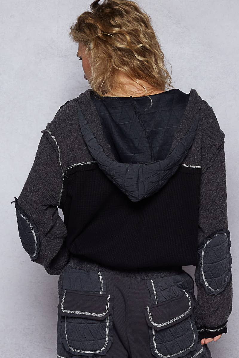 Pol Cut Sew Multi Fabric Quilted Thermal Hoodie Jacket
