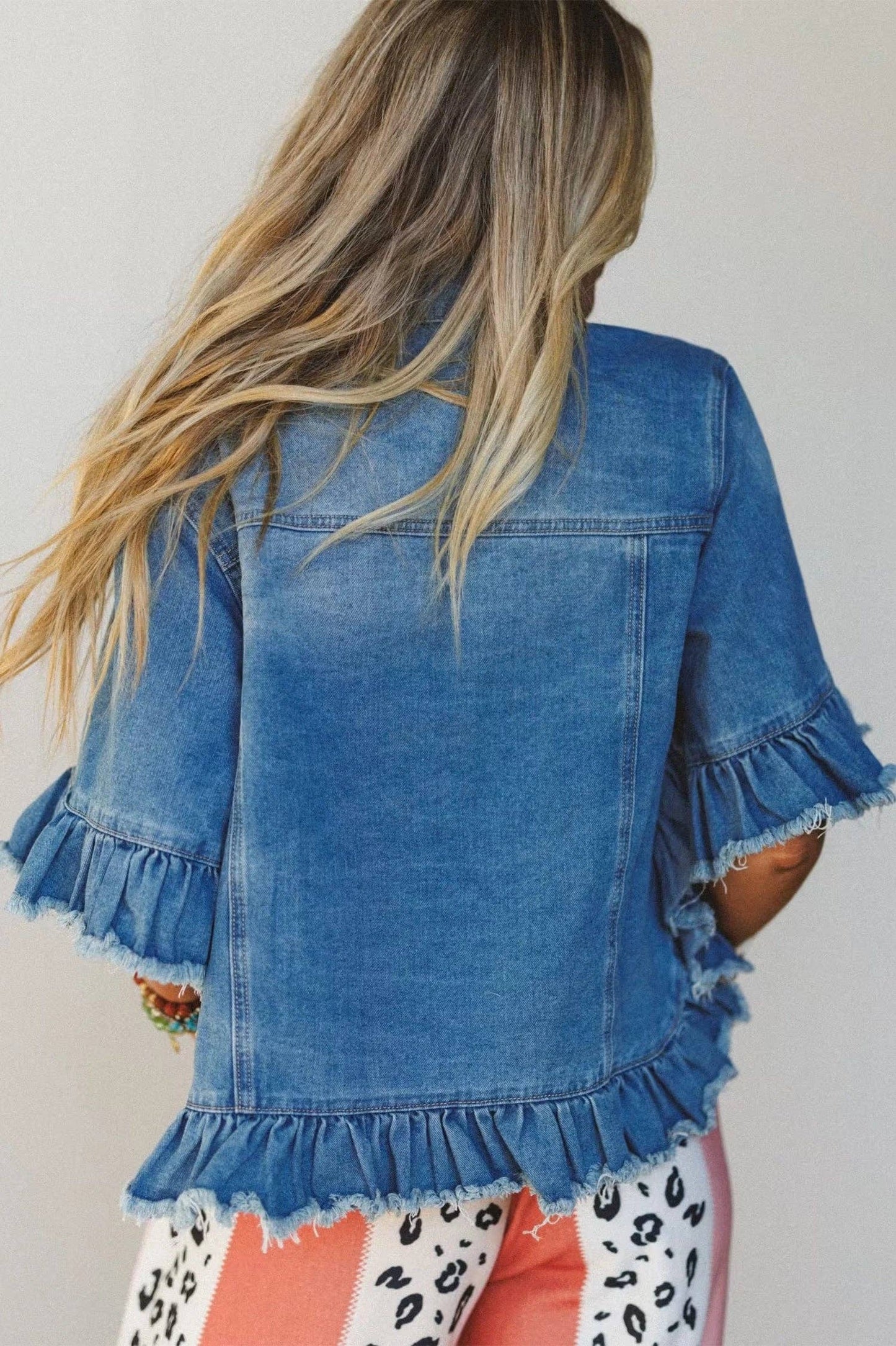 Ruffle Trim Cropped Western Denim Jacket Half Sleeve
