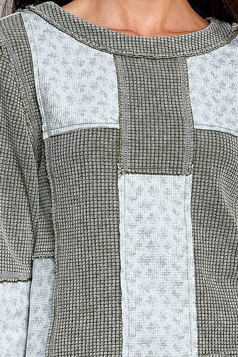 Pol Clothing Waffle Knit Contrast Patchwork Top