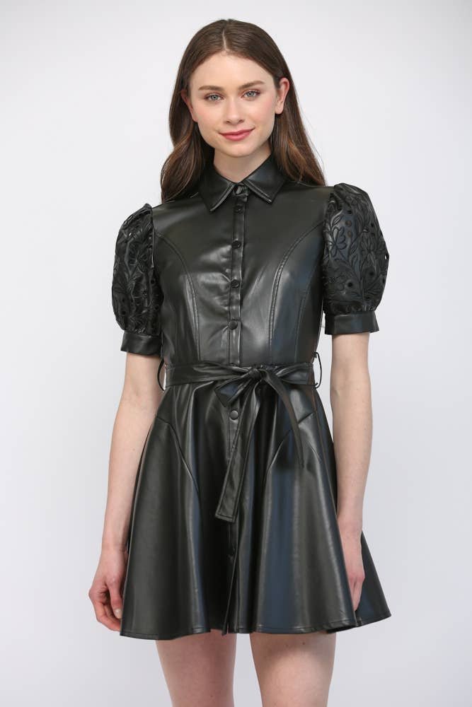 Faux Leather Embroidered Sleeve Dress