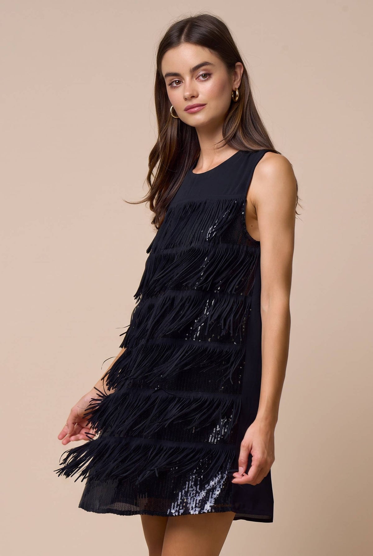 Sequin Layered Fringe Sleeveless Shift Dress