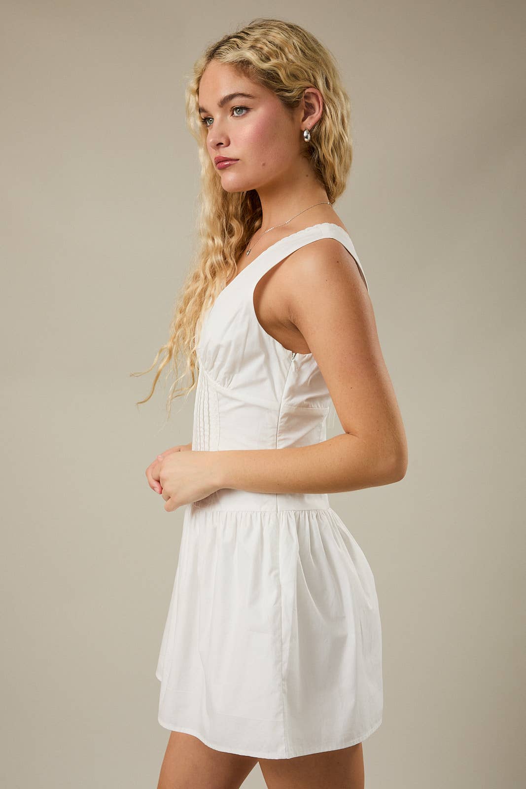 V-Neckline Poplin Mini Dress White Trim Detail