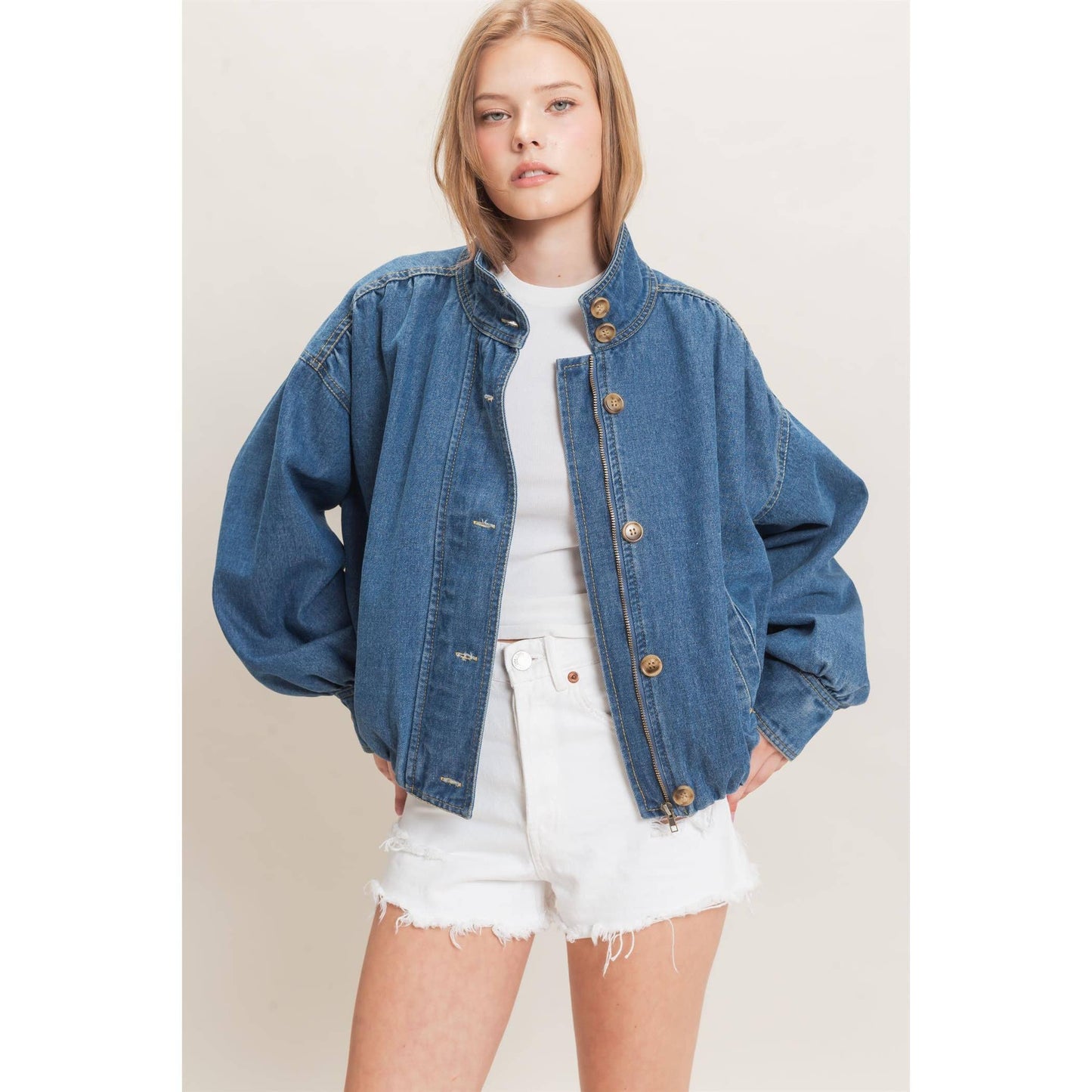 High Collar Denim Bomber Jacket