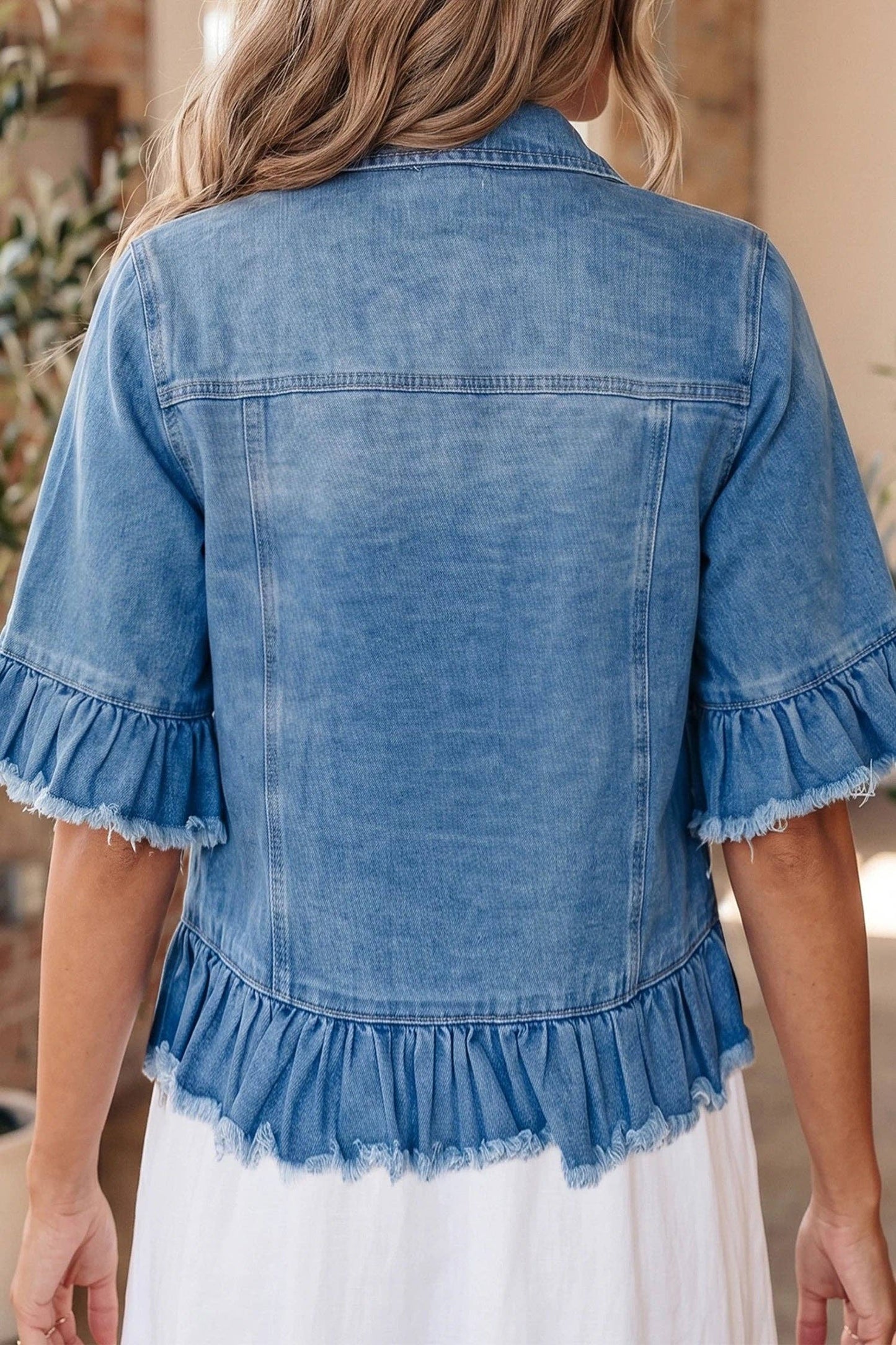 Ruffle Trim Cropped Western Denim Jacket Half Sleeve