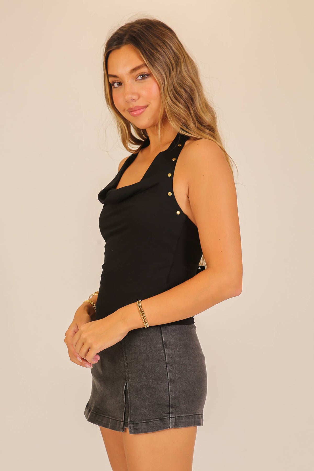 Stud Trim Halter Neck Top