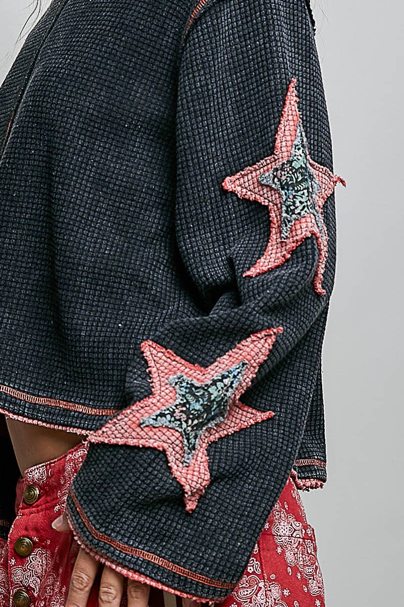 Pol Clothing Double Gauze Color Blocked Star Patch Solid Thermal Knit Top