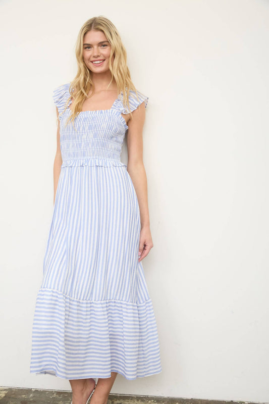 Blu Pepper Striped Smocked Ruffle Trim Midi Dress